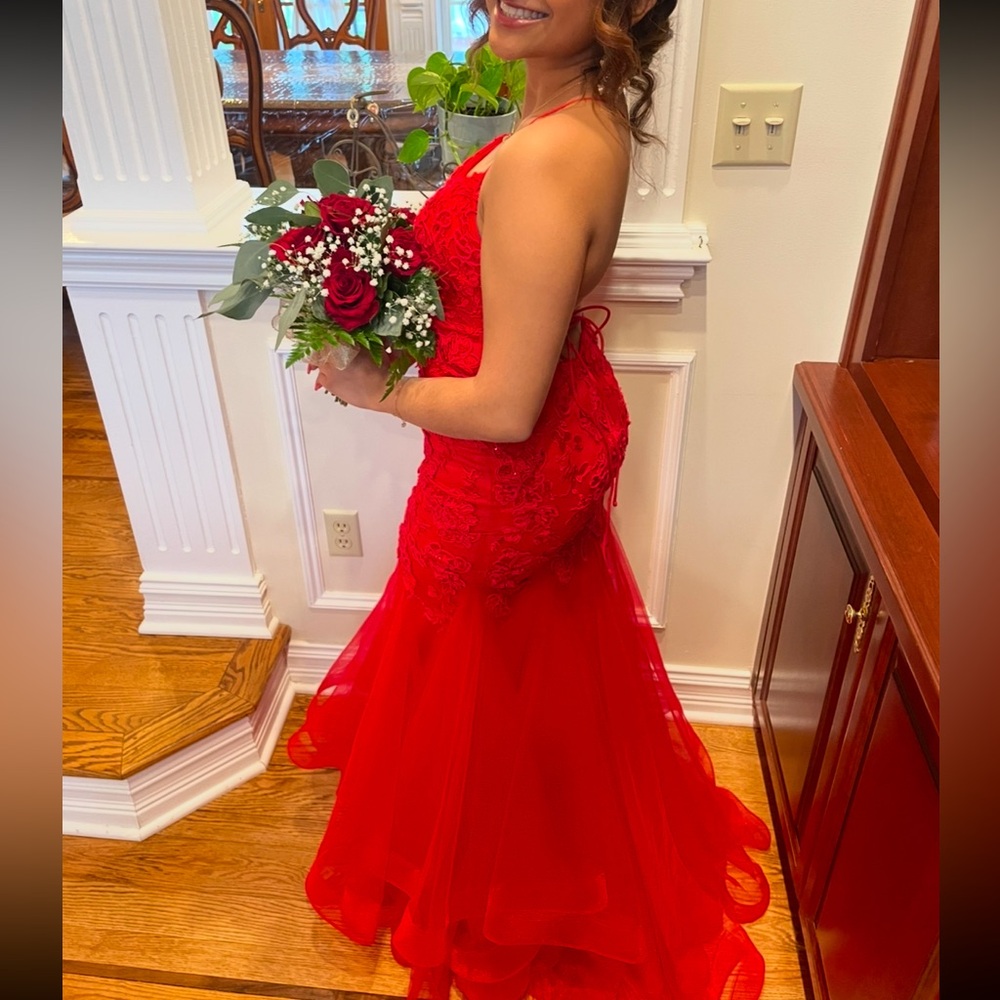 Red, Mermaid style prom dress. 
Open tie up back. Work once.